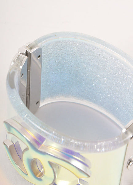 Silver Toned and Glitter Iridescent Hologram "CC" Hinged Cuff Bracelet