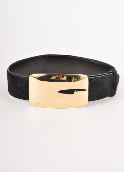 Black Ponyhair Belt With Oversized Gold Buckle