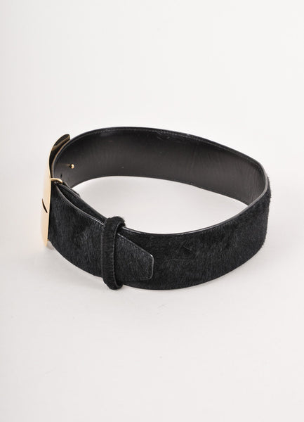 Black Ponyhair Belt With Oversized Gold Buckle