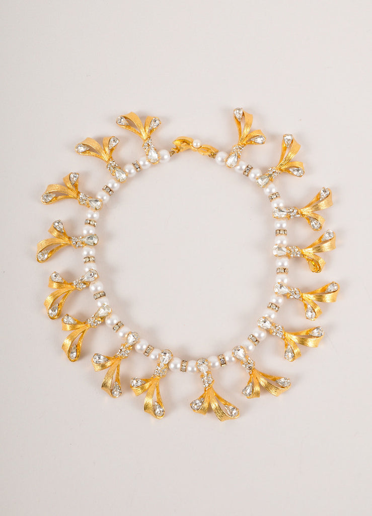Vintage Gold Toned and Faux Pearl Rhinestone Embellished Bow Necklace