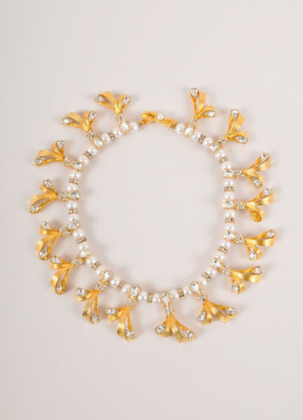 Vintage Gold Toned and Faux Pearl Rhinestone Embellished Bow Necklace