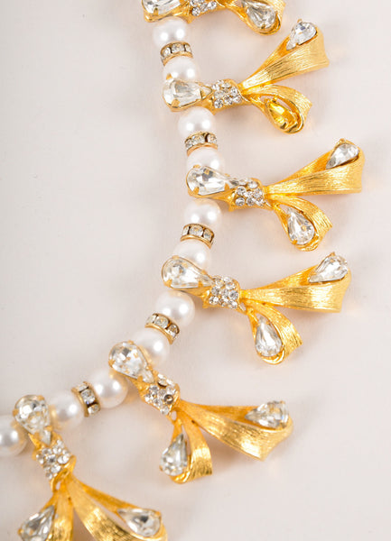 Vintage Gold Toned and Faux Pearl Rhinestone Embellished Bow Necklace