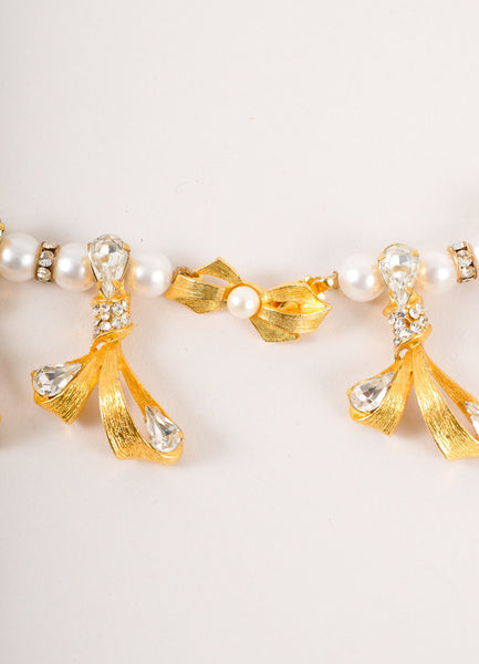 Vintage Gold Toned and Faux Pearl Rhinestone Embellished Bow Necklace