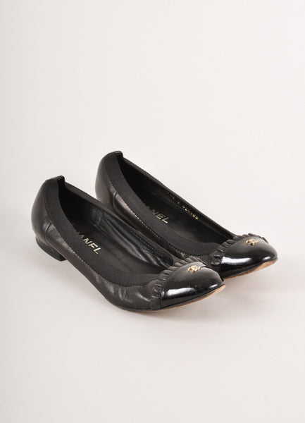 Black Leather Cap Toe "CC" Ruffle Flats