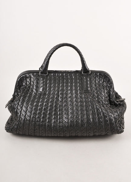 Black Woven Leather "Bond" Zip Satchel Bag