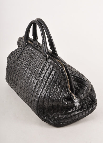 Black Woven Leather "Bond" Zip Satchel Bag