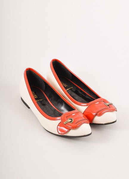 Cream and Red Woven Flats With Patent Buckle