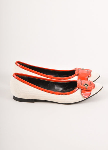 Cream and Red Woven Flats With Patent Buckle