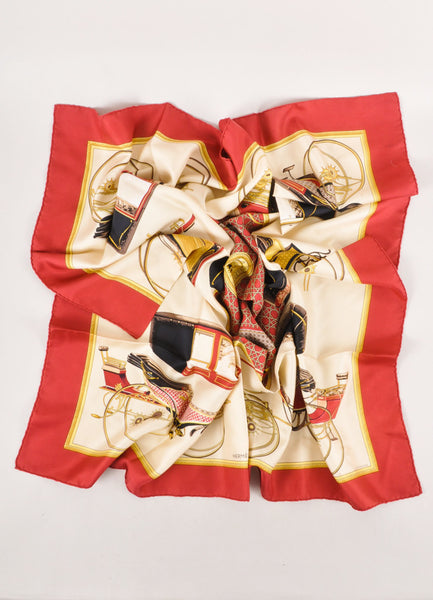 Red, Cream, and Gold ""Les Voitures A Transformation" Carriage Print Scarf