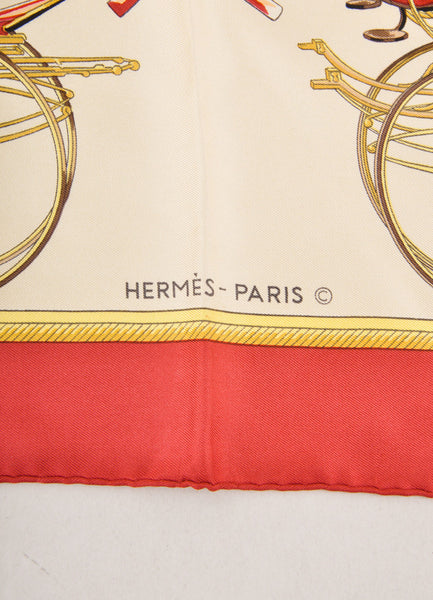 Red, Cream, and Gold ""Les Voitures A Transformation" Carriage Print Scarf