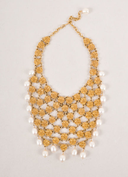 Vintage Gold Toned Textured Open Bib Necklace With Faux Pearl Drops