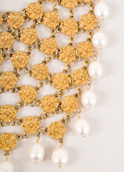 Vintage Gold Toned Textured Open Bib Necklace With Faux Pearl Drops