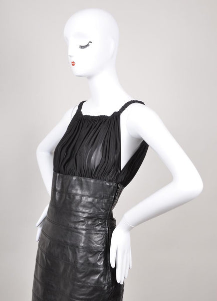 New With Tags Black Silk and Leather Gathered Bust Dress