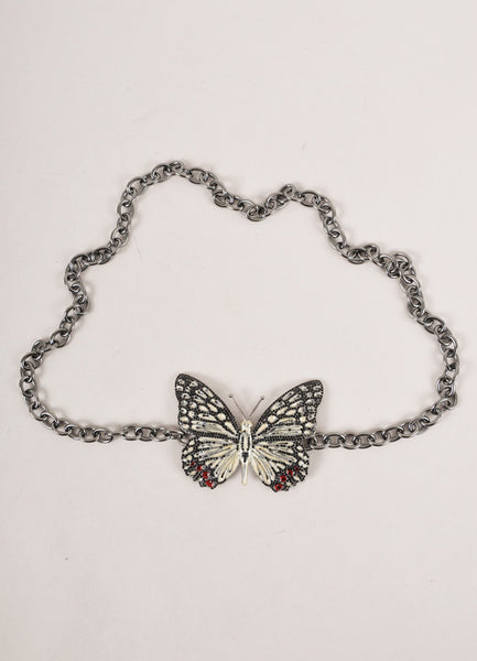 Grey, Cream, and Red Rhinestone Butterfly Chain Belt