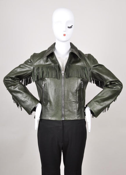 Green Fringe Trim Zippered Motorcycle Leather Jacket