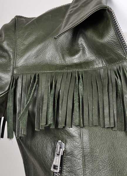 Green Fringe Trim Zippered Motorcycle Leather Jacket