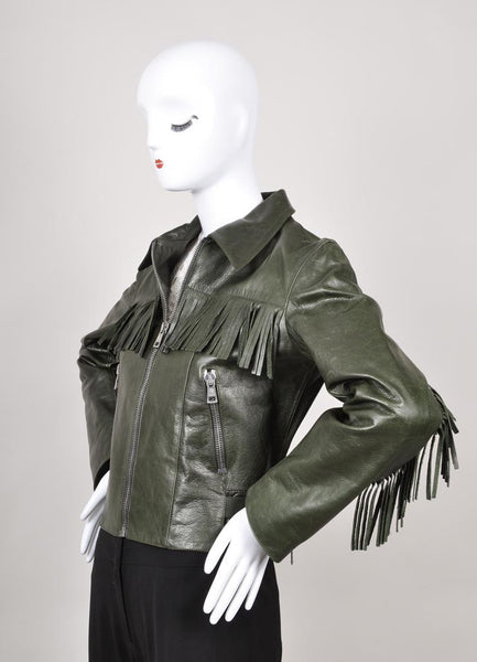 Green Fringe Trim Zippered Motorcycle Leather Jacket