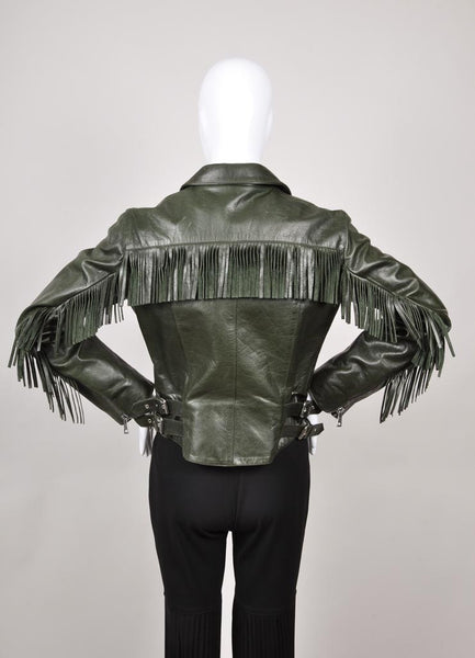 Green Fringe Trim Zippered Motorcycle Leather Jacket
