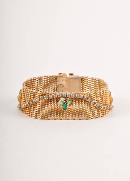 Gold Toned Mesh Bracelet With Green Stone and Rhinestone Embellishment