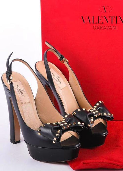 Black Leather Platform Peep Toe Rockstud Bow Pumps