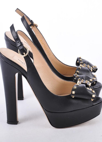 Black Leather Platform Peep Toe Rockstud Bow Pumps