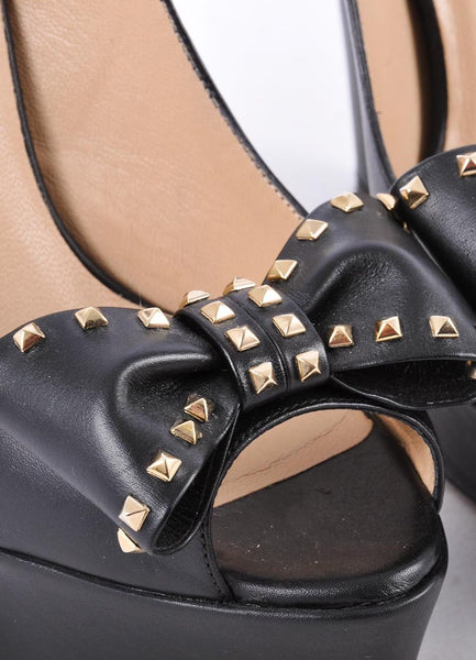 Black Leather Platform Peep Toe Rockstud Bow Pumps