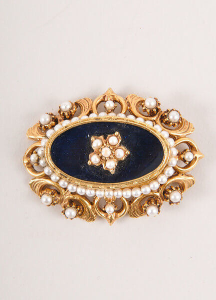 Gold Toned and Black Oval Ornate Floral Pin With Pearl Style Details