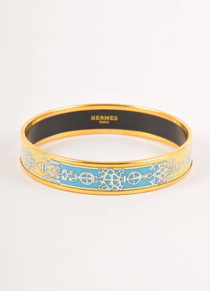 Yellow, Blue, and Gold Printed Enamel Bangle Bracelet