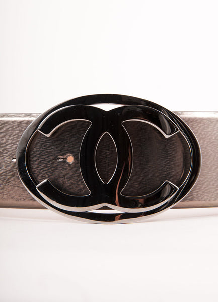 Grey Metallic Leather "CC" Buckle Belt