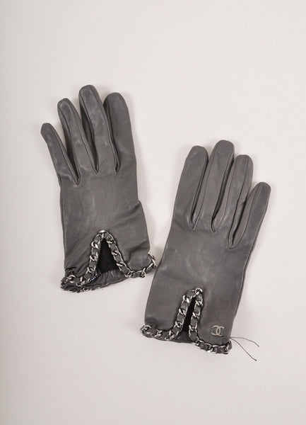 New Slate Grey Leather Gloves With Grey Chain and "CC" Logo Detail