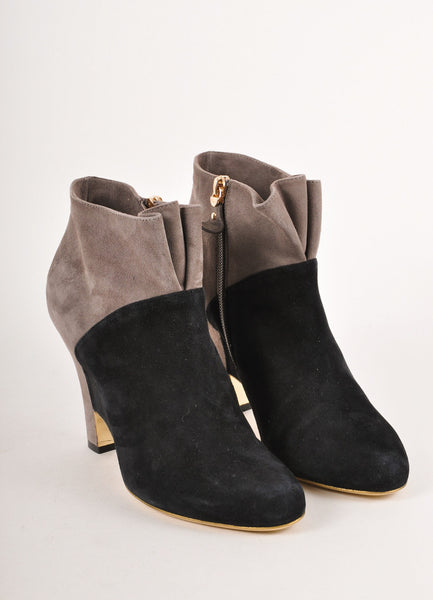 Grey and Black Suede Colorblock Heeled Bootie