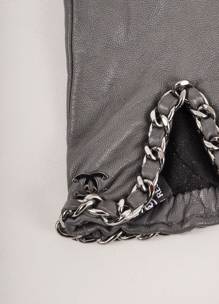 New Slate Grey Leather Gloves With Grey Chain and "CC" Logo Detail