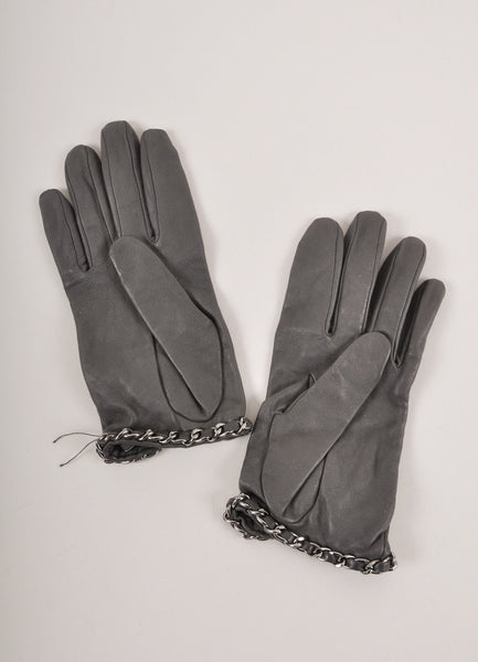 New Slate Grey Leather Gloves With Grey Chain and "CC" Logo Detail