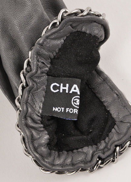 New Slate Grey Leather Gloves With Grey Chain and "CC" Logo Detail