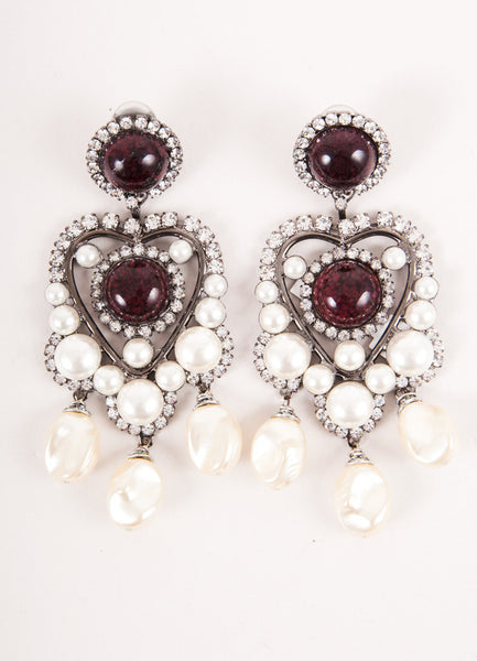 Purple Rhinestone and Pearl Heart Chandelier Drop Earrings