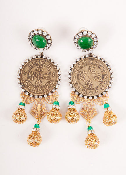 Gold and Green Coin and Crystal Drop Earrings