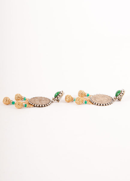 Gold and Green Coin and Crystal Drop Earrings