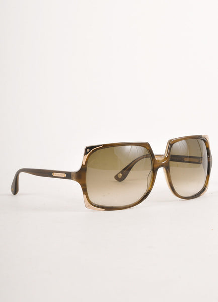 Brown and Grey Square Sunglasses With Gold Toned Metal Corners