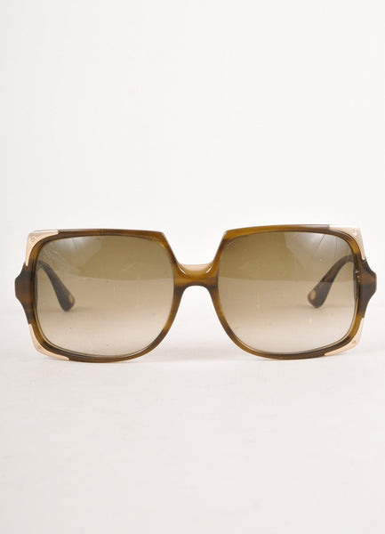 Brown and Grey Square Sunglasses With Gold Toned Metal Corners