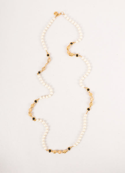 Black, Cream, and Gold Toned Faux Pearl and Rhinestone Necklace