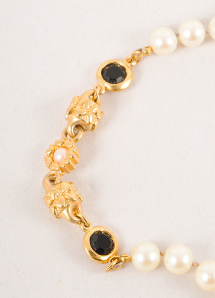 Black, Cream, and Gold Toned Faux Pearl and Rhinestone Necklace