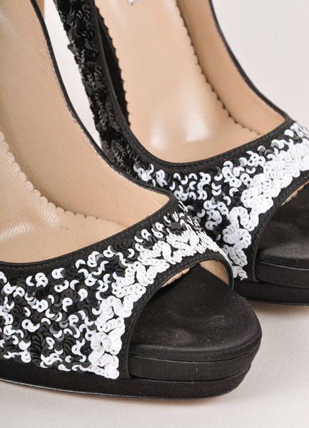 Black and White Sequin Peep Toe Pumps