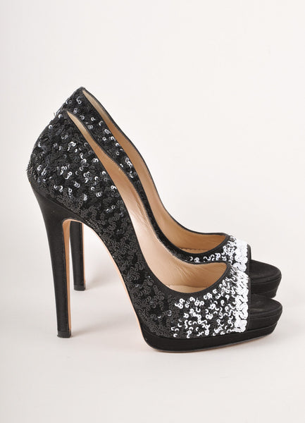 Black and White Sequin Peep Toe Pumps