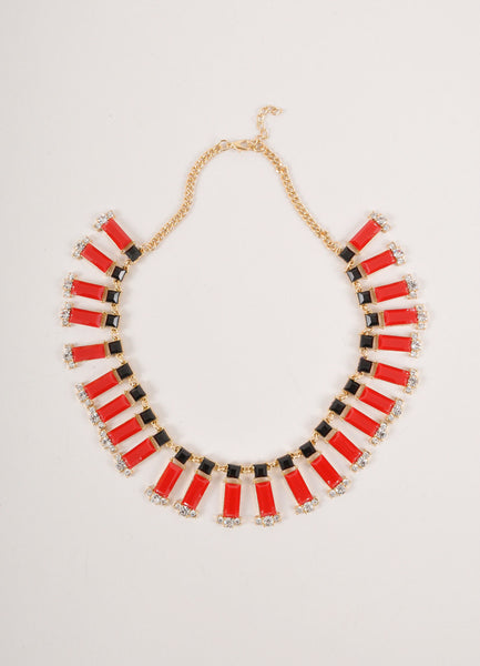 Vintage Gold Toned, Red, and Black Rhinestone Embellished Statement Bib Necklace