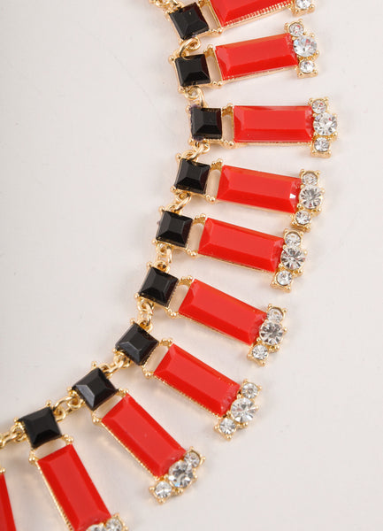 Vintage Gold Toned, Red, and Black Rhinestone Embellished Statement Bib Necklace