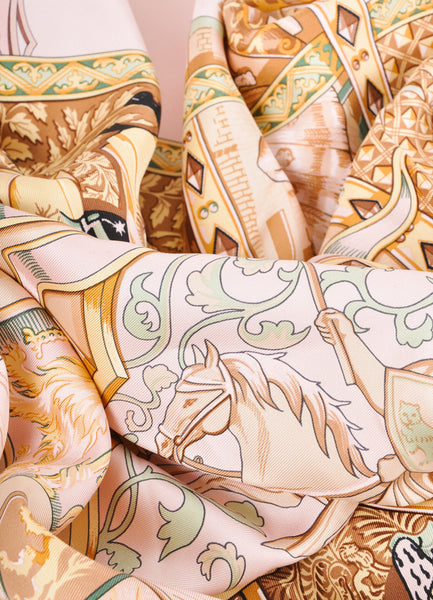 "La Vie a Cheval" Equestrian and Medieval Print Silk Scarf
