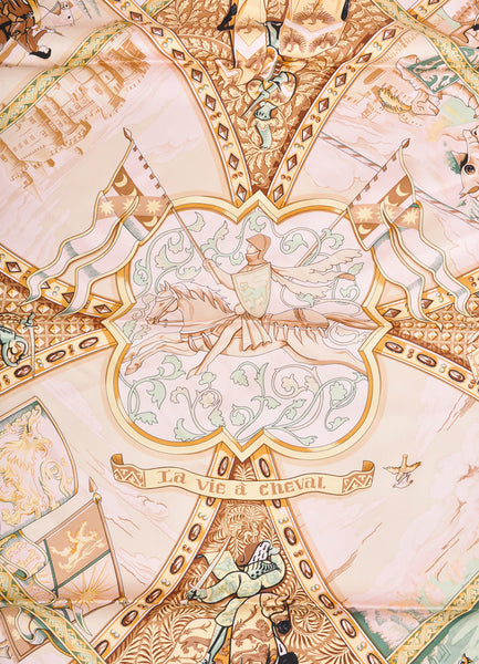 "La Vie a Cheval" Equestrian and Medieval Print Silk Scarf
