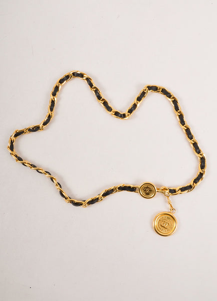 Black Leather and Gold Toned Chain "CC" Medallion Belt