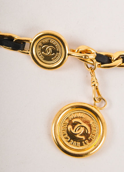 Black Leather and Gold Toned Chain "CC" Medallion Belt