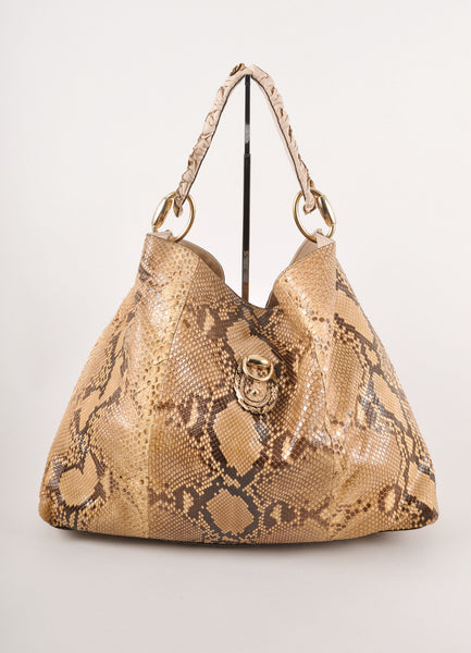 Tan Brown Snakeskin Leather "Sabrina" Hobo Bag